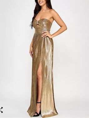 Emerald Sundae Strapless Metallic Gold Pleated Maxi Gown with High Slit
